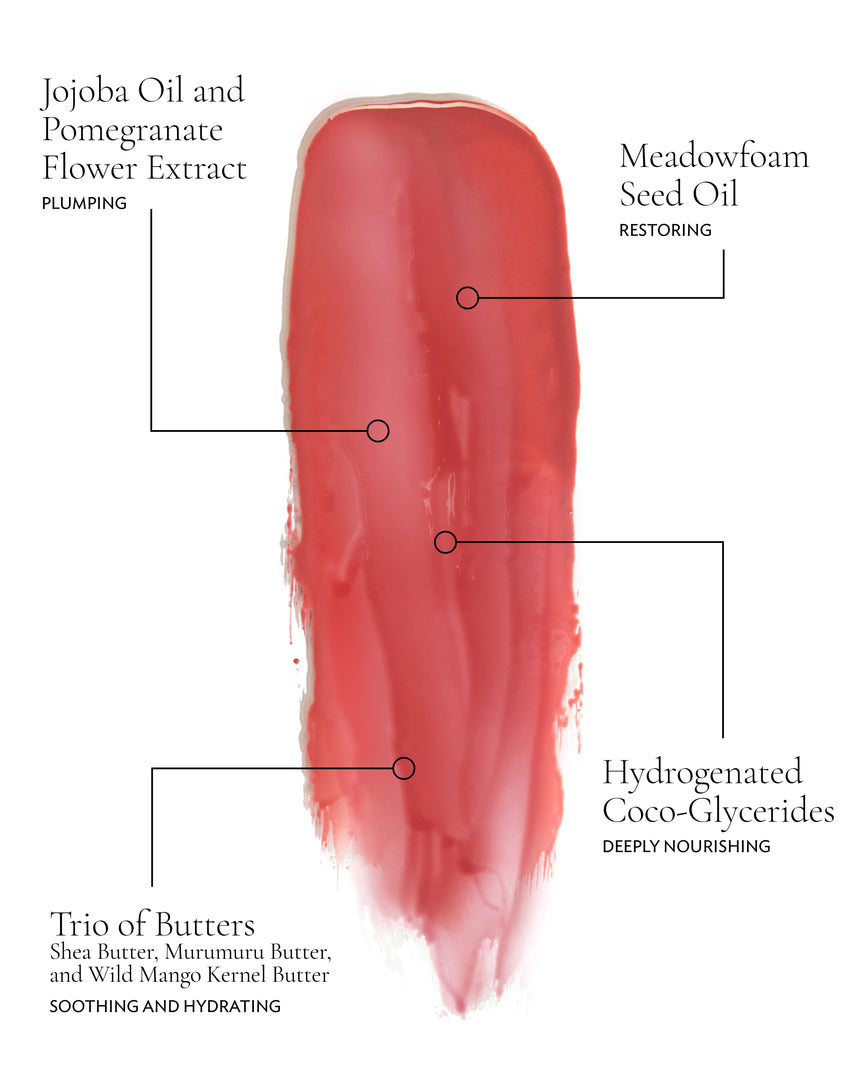 An infographic swatch of Epanoui detailing the key ingredients and their benefits: Jojoba Oil and Pomegranate Flower Extract (Plumping), Meadowfoam Seed Oil (Restoring), Trio of Butters; Shea, Murumuru, and Wild Mango Kernel (Soothing and hydrating), and Hydrogenated Coco-Glycerides (Deeply nourishing)