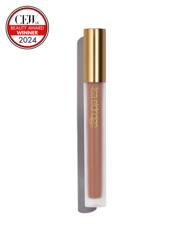 Soft caramel liquid lip colour with gold cap on a white background, featuring a CEW Beauty Award Winner 2024 badge.