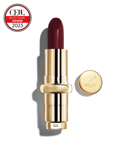 Deep claret coloured lipstick with gold casing and 'Lisa Eldridge' branding on a white background, featuring a CEW Beauty Award 2025 badge.
