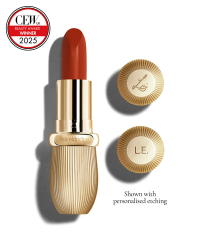 Chilli-red coloured lipstick with gold vintage-style casing and 'Lisa Eldridge' branding on a white background, featuring a CEW Beauty Award 2025 badge.