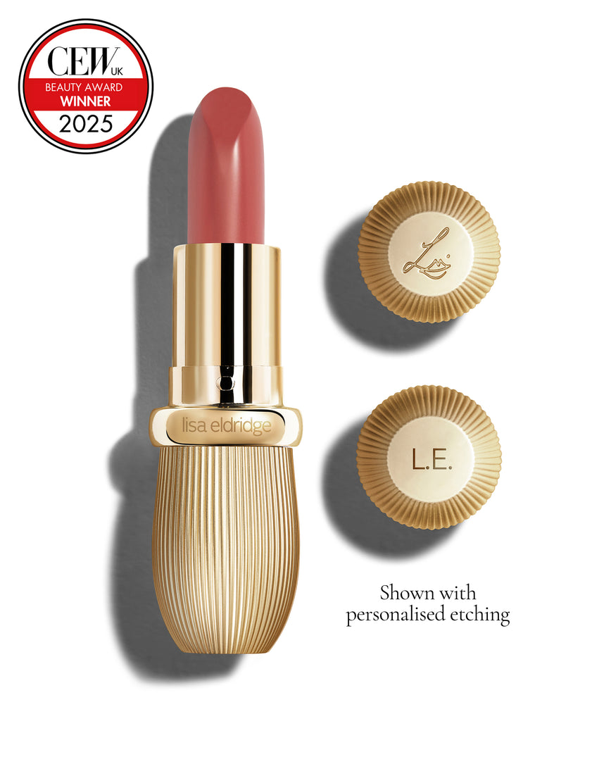 Neutral pink coloured lipstick with gold vintage-style casing and 'Lisa Eldridge' branding on a white background, featuring a CEW Beauty Award 2025 badge.