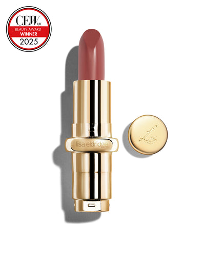 Mauve berry coloured lipstick with gold casing and 'Lisa Eldridge' branding on a white background, featuring a CEW Beauty Award 2025 badge.