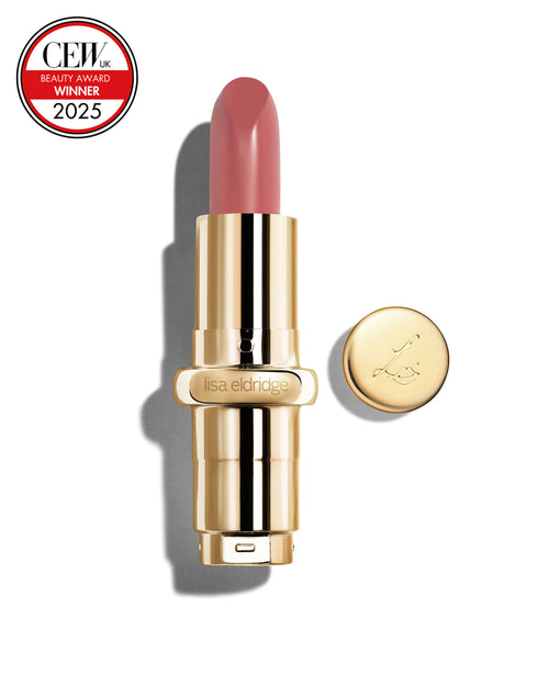 Muted heather coloured lipstick with gold casing and 'Lisa Eldridge' branding on a white background, featuring a CEW Beauty Award 2025 badge.
