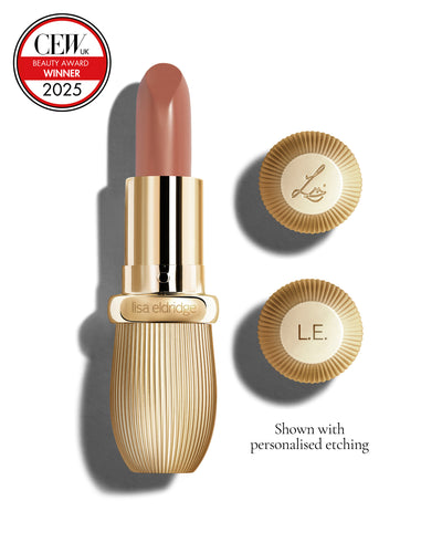 Tawny caramel coloured lipstick with gold vintage-style casing and 'Lisa Eldridge' branding on a white background, featuring a CEW Beauty Award 2025 badge.