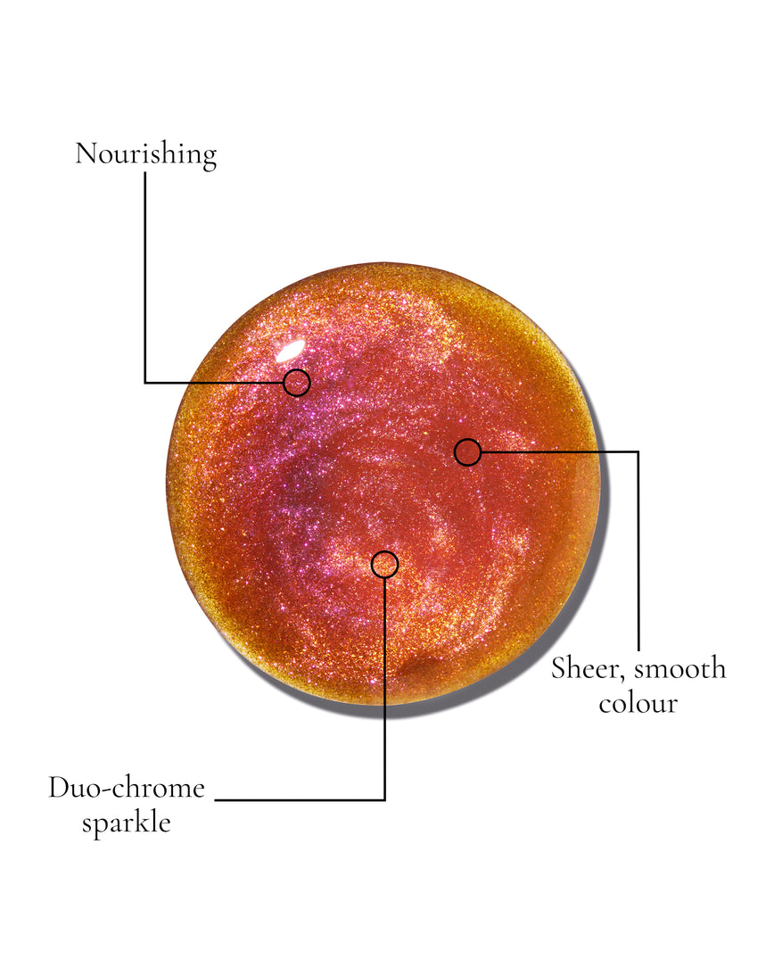 Chameleon Chaos Gloss Embrace Sequin swatch, a burnt orange punch with duo-chrome orange-pink sparkle, with USPs: Nourishing, Shimmering lustre, Longwearing