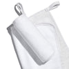White, banded, Lisa Eldridge Luxuriously Gentle Cleansing & Exfoliating Cloth, one flat and one rolled up on top, showing different textures of the cloth faces and a loop for hanging up