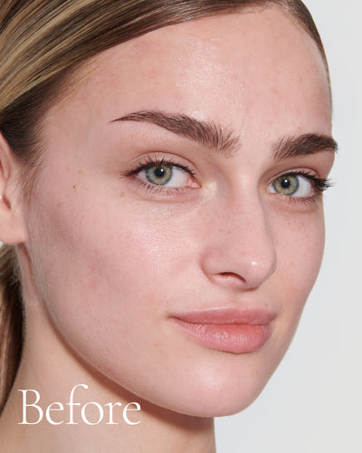 before1 block  Close up portrait of model before wearing Tint with text stating 'Before'