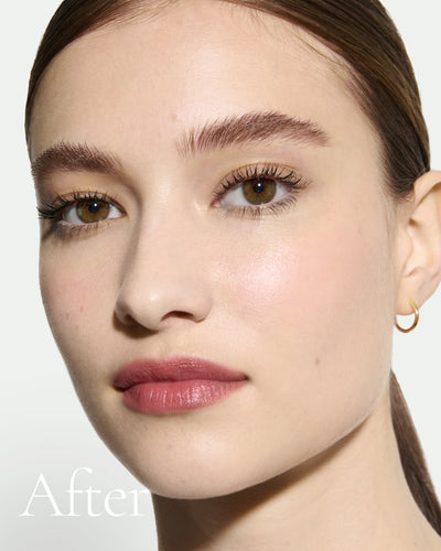 after1 block Close up portrait of model after application of T1.5 with text stating 'After'