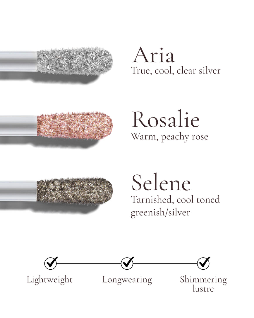 Three Liquid Lurex Liquid Eyeshadow doefoots in shades 'Aria', 'Rosalie', and 'Selene' with descriptions and features on a white background: Lightweight, Longwearing, and Shimmering lustre.