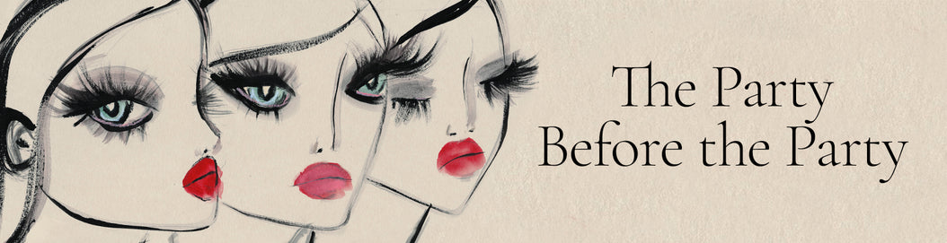 Illustration of three women's faces with makeup, text 'The Party Before the Party' on a beige background