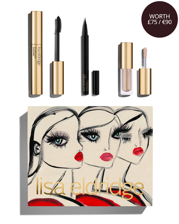 Blairz x Lisa Eldridge Kitten Eye Twin Set and Pearls Kit packaging with a pouting model art design, alongside a Lisa Eldridge Kitten Lash and Flick in Black and Liquid Lurex in Cressida