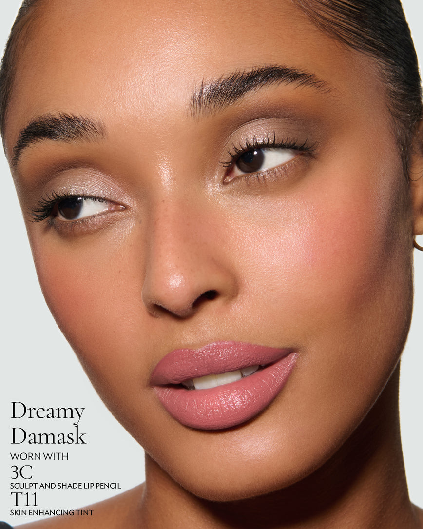 Close-up of a model's face against a neutral background, wearing Dreamy Damask Rouge Experience, Sculpt and Shade Lip Pencil in 3C and T11 Skin Enhancing Tint