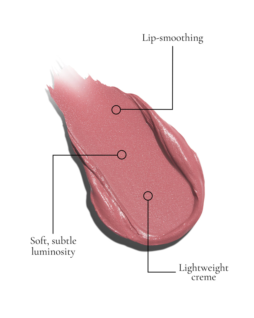 Dreamy Damask Rouge Experience swatch, a light, cool toned pink with USPs: Lip-smoothing, Soft, subtle luminosity, and Lightweight creme.