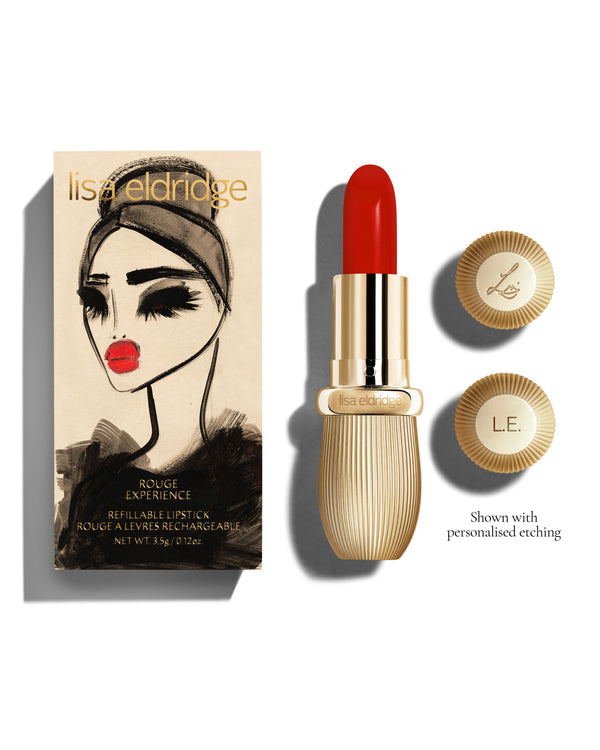 Scarlet Sequin lipstick with engraving next to Blairz x Lisa Eldridge packaging on a white background