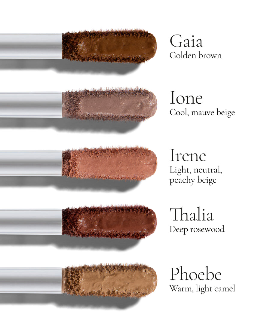 The soft applicator wands of each Liquid Silk Liquid Eyeshadow shade aligned vertically, with text displaying their shade names and descriptions: Gaia (Golden Brown), Ione (Cool, mauve beige), Irene (Light, neutral, peachy beige), Thalia (Deep rosewood), Phoebe (Warm, light caramel)