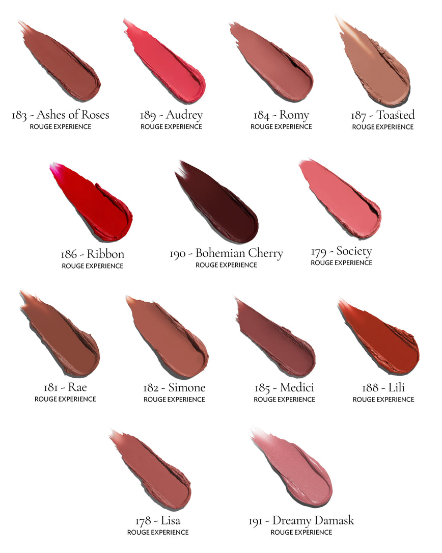 Full display of the Rouge Experience Collection's lipstick's swatches, to show all colours and textures available. On a white background, with the names of each shade. 12 Shades in total.