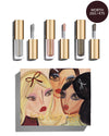 Blairz x Lisa Eldridge Mirror Ball Eye Kit packaging with a pouting model art design, alongside three Lisa Eldridge Liquid Lurex Eyeshadows, in 3 new shades: cool-silver Selena, cool-pink Rosalie, and pewter Aria