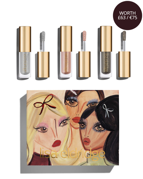 Blairz x Lisa Eldridge Mirror Ball Eye Kit packaging with a pouting model art design, alongside three Lisa Eldridge Liquid Lurex Eyeshadows, in 3 new shades: cool-silver Selena, cool-pink Rosalie, and pewter Aria
