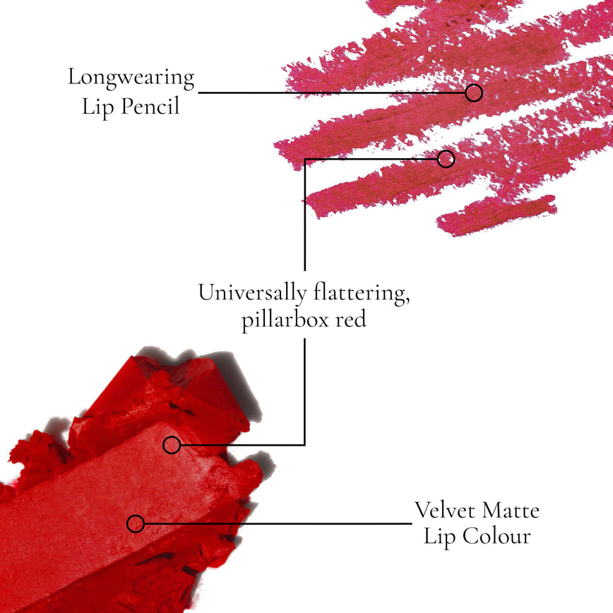 Close-up of a Velvet Ribbon and Ribbon Enhance and Define swatches with USPs text: Universally flattering, pillarbox red and Velvet Matt Lip Colour, Longwearing Lip Pencil