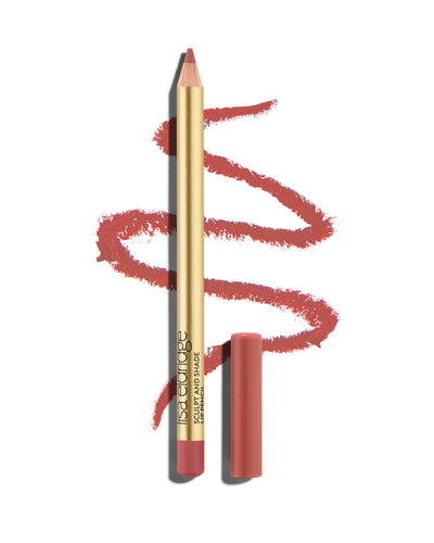 block Light pink lip pencil with gold barrel and shade-matching cap, shown with a shade swatch behind, demonstrating the product's tones and texture.