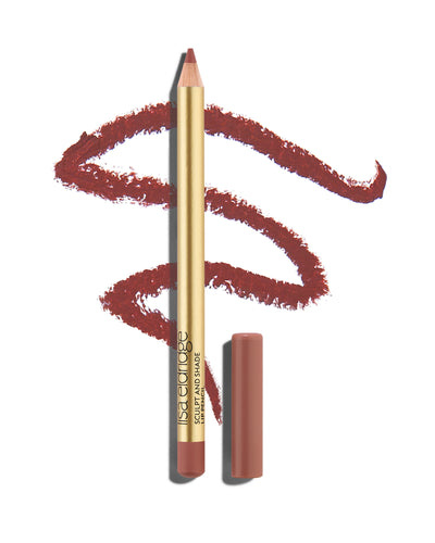 block Mauve pink lip pencil with gold barrel and shade-matching cap, shown with a shade swatch behind, demonstrating the product's tones and texture.
