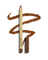 block Cork brown lip pencil with gold barrel and shade-matching cap, shown with a shade swatch behind, demonstrating the product's tones and texture.