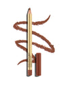 block  Medium rosewood lip pencil with gold barrel and shade-matching cap, shown with a shade swatch behind, demonstrating the product's tones and texture.