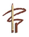 block Deep terracotta lip pencil with gold barrel and shade-matching cap, shown with a shade swatch behind, demonstrating the product's tones and texture.