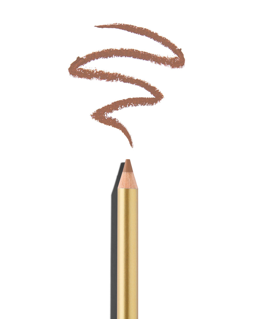 Neutral 'greige' lip pencil tip close up with gold barrel, shown with a shade swatch at the pencil tip, demonstrating the product's tones and texture.