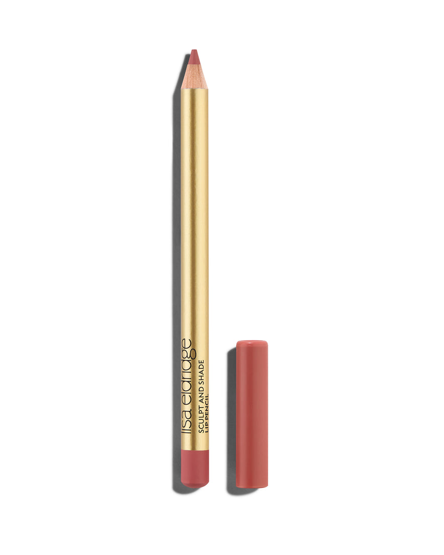 Light pink lip pencil with gold barrel and shade-matching cap, shown on a white background