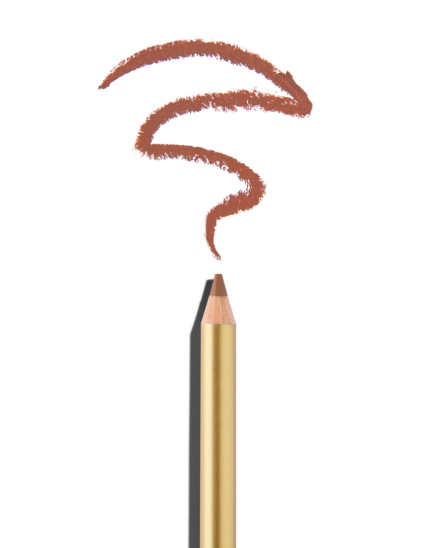 Clay brown lip pencil tip close up with gold barrel, shown with a shade swatch at the pencil tip, demonstrating the product's tones and texture.