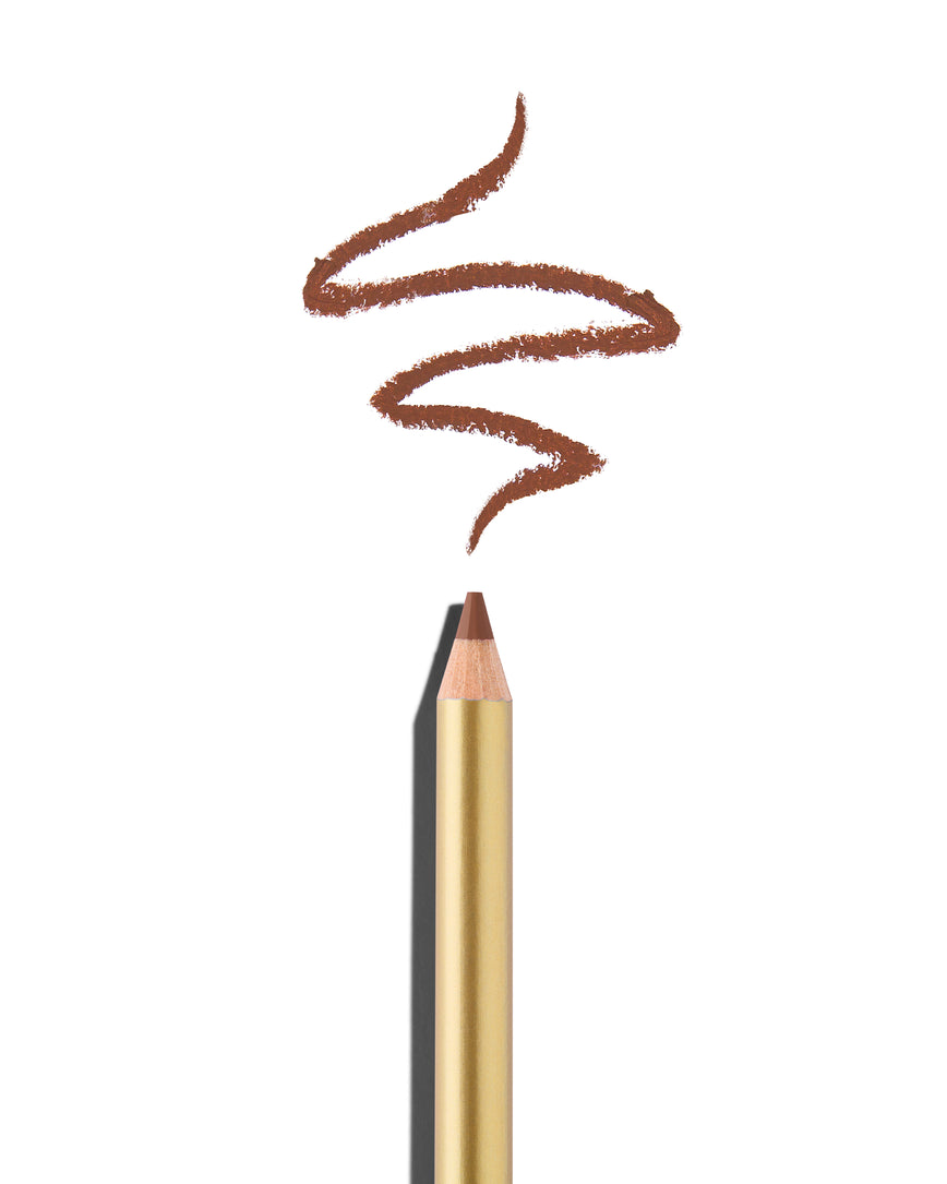 Medium rosewood lip pencil tip close up with gold barrel, shown with a shade swatch at the pencil tip, demonstrating the product's tones and texture.