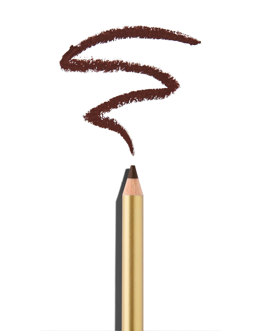 Deep brown lip pencil tip close up with gold barrel, shown with a shade swatch at the pencil tip, demonstrating the product's tones and texture.