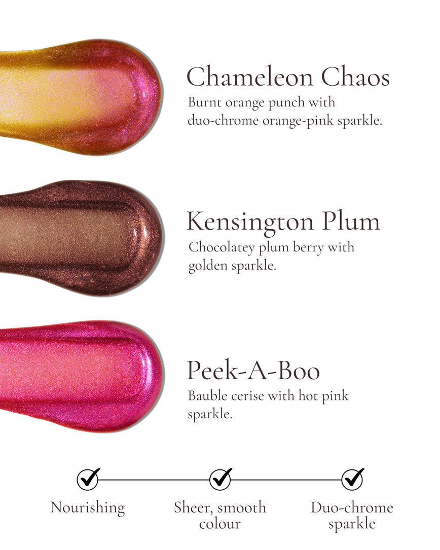 Three lip gloss swatches: Kensington Plum, Chameleon Chaos, and Peek-A-Boo Pink with descriptions and features: Nourishing, Sheer, smooth colour, Duo-chrome sparkle