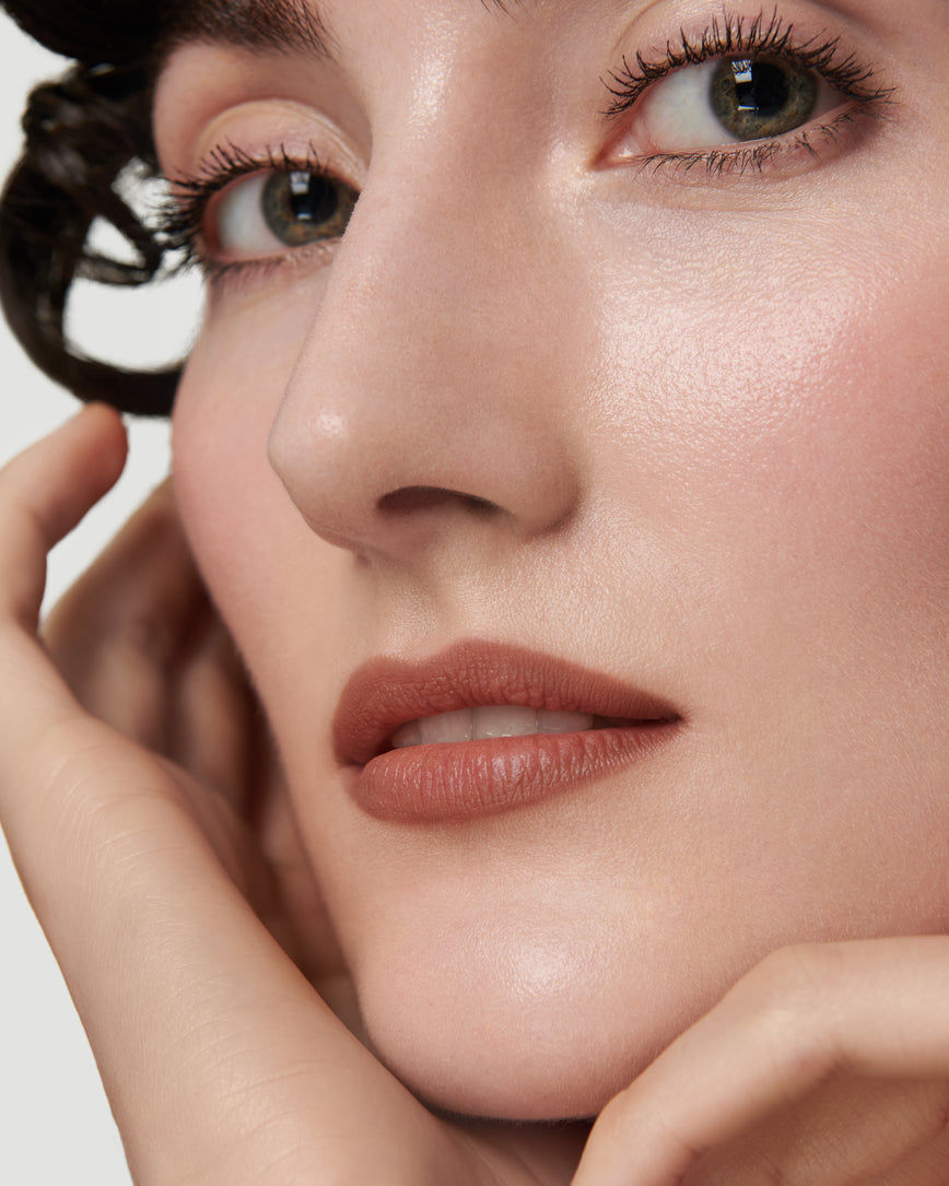 Portrait close-up of model wearing 0N Sculpt and Shade Lip Pencil 