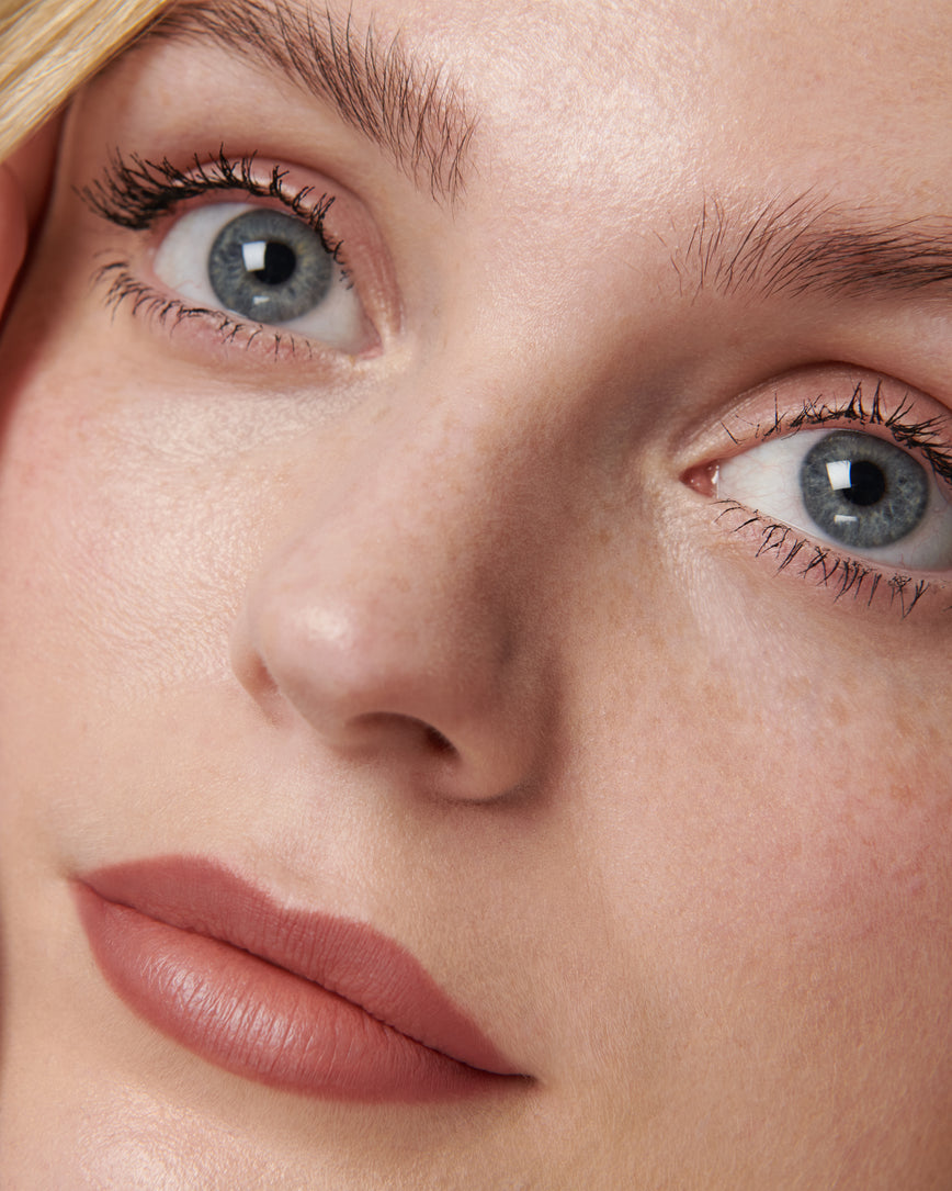 Extreme portrait close-up of model wearing 1C Sculpt and Shade Lip Pencil 
