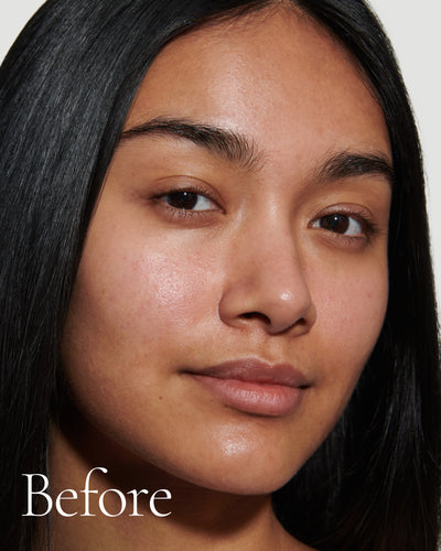 before1 block  Close up portrait of model before wearing Tint with text stating 'Before'