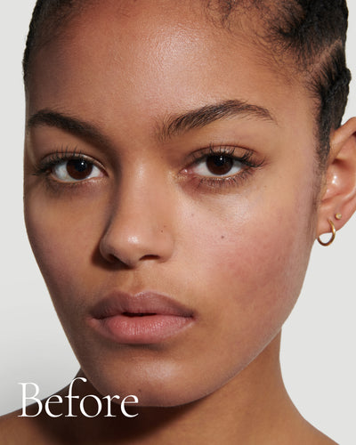 before2 block  Close up portrait of model before wearing Tint with text stating 'Before'