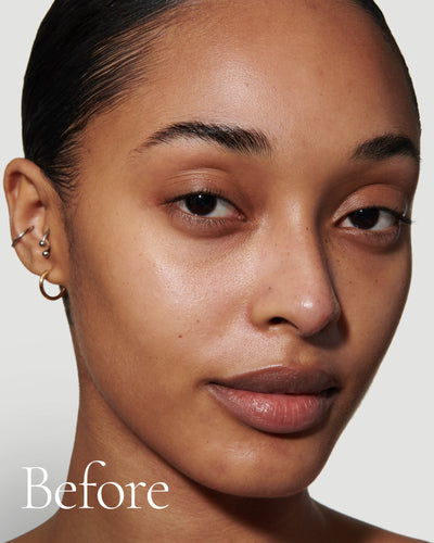 before1 block  Close up portrait of model before wearing Tint with text stating 'Before'