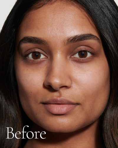 before2 block  Close up portrait of model before wearing Tint with text stating 'Before'