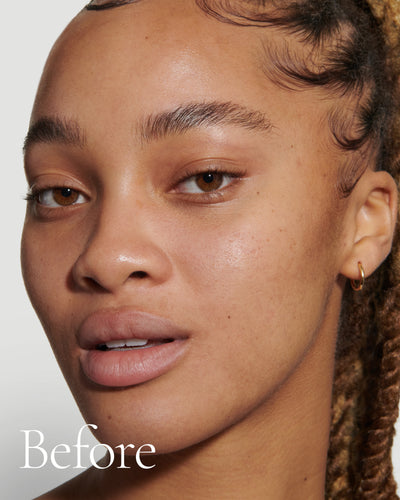 before1 block  Close up portrait of model before wearing Tint with text stating 'Before'