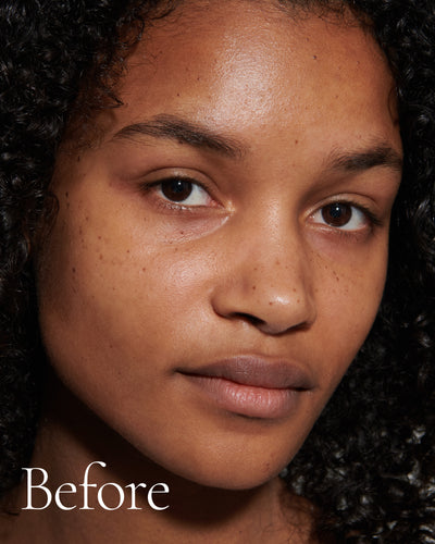 before1 block Close up portrait of model before wearing Tint with text stating 'Before'
