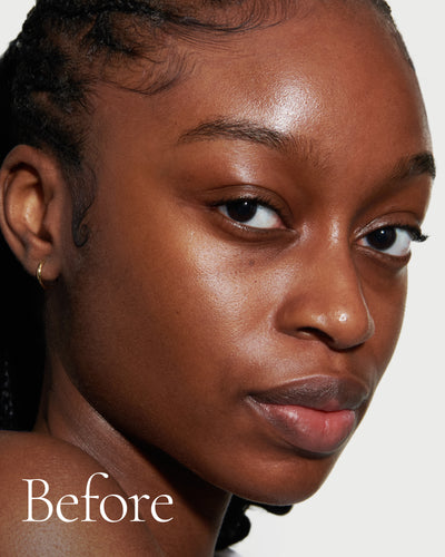 before1 block  Close up portrait of model before wearing Tint with text stating 'Before'