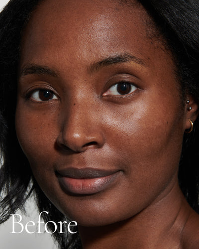 before1 block  Close up portrait of model before wearing Tint with text stating 'Before'