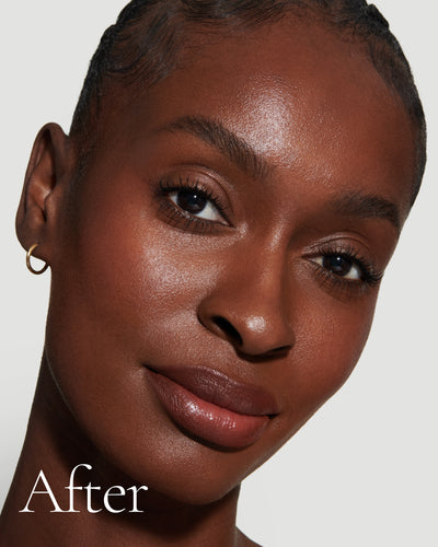 after1 block Close up portrait of model after application  of T16 with text stating 'After'