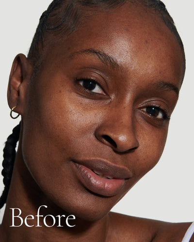 before1 block  Close up portrait of model before wearing Tint with text stating 'Before'