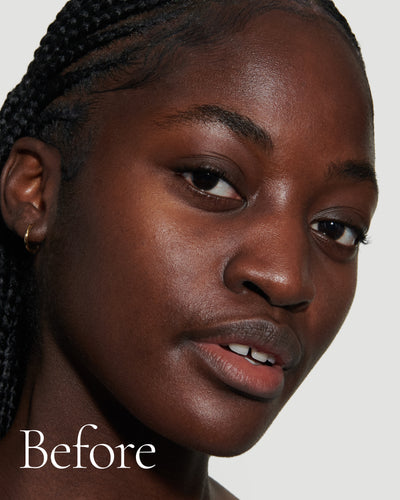 before1 block  Close up portrait of model before wearing Tint with text stating 'Before'