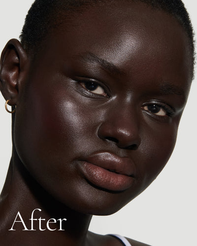 after1 block Close up portrait of model after application  of T18 with text stating 'After'