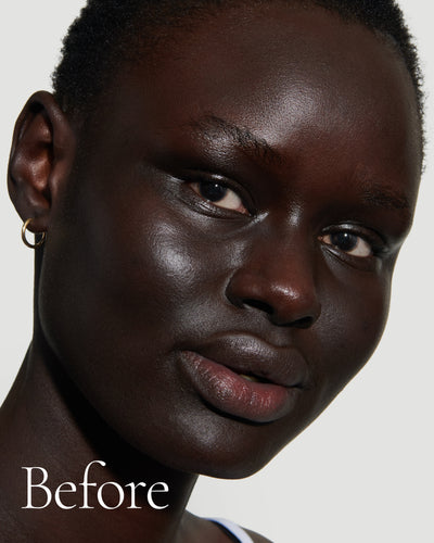 before1 block  Close up portrait of model before wearing Tint with text stating 'Before'