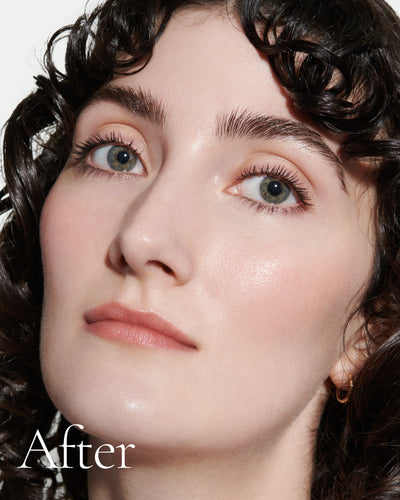 after1 block Close up portrait of model after application  of T1 with text stating 'After'